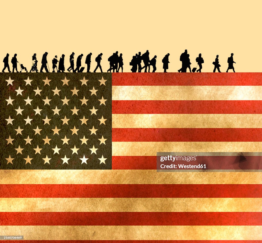 Illustration of silhouette refugees walking in line over American flag