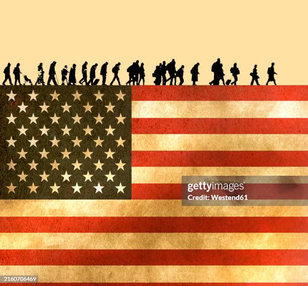 illustration of silhouette refugees walking in line over american flag - alien stock illustrations