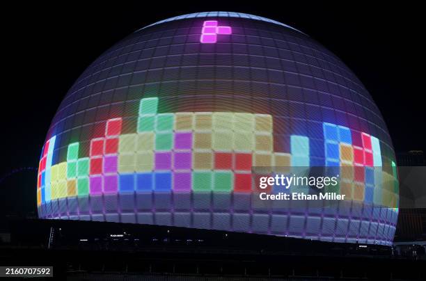 The 580,000-square-foot Exosphere at Sphere lights up with its best of the year content display as part of a Fourth of July celebration on the...