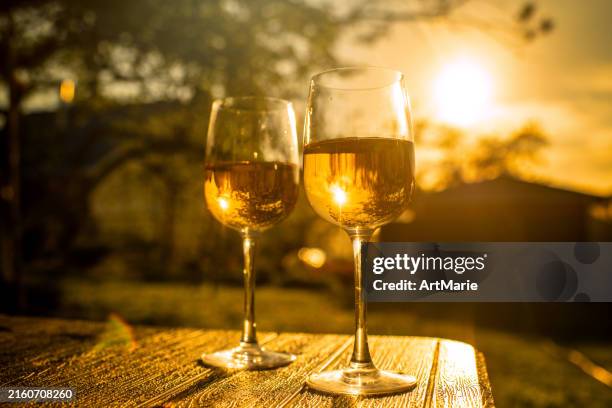 deux verres de vin blanc à une table en plein air au coucher du soleil - vin blanc photos et images de collection