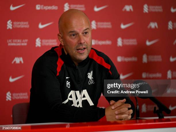 Arne Slot new head coach of Liverpool during his first press conference at AXA Training Centre on July 05, 2024 in Kirkby, England.