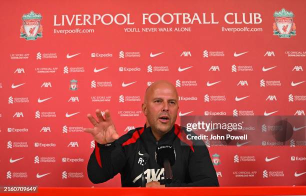 New Head Coach Arne Slot at his first press conference at AXA Training Centre on July 05, 2024 in Kirkby, England.