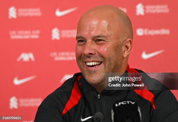 New Head Coach Arne Slot at his first press conference at AXA Training Centre on July 05, 2024 in Kirkby, England.