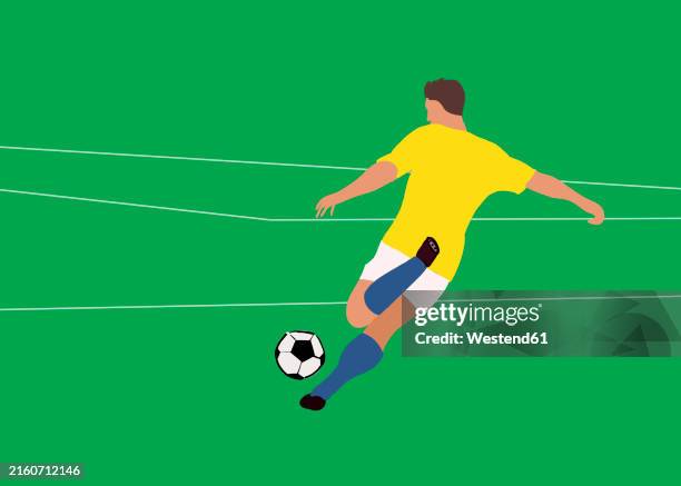ilustraciones, imágenes clip art, dibujos animados e iconos de stock de man kicking soccer ball on green soccer field - dar una patada