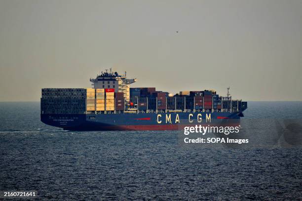 The container ship Imagination of the company "Compagnie Maritime d'Affrètement Compagnie Générale Maritime" leaves the French Mediterranean port of...