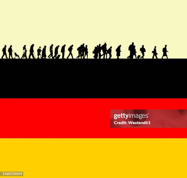 illustration of immigrants walking on top of german flag - auswanderung und einwanderung stock-grafiken, -clipart, -cartoons und -symbole