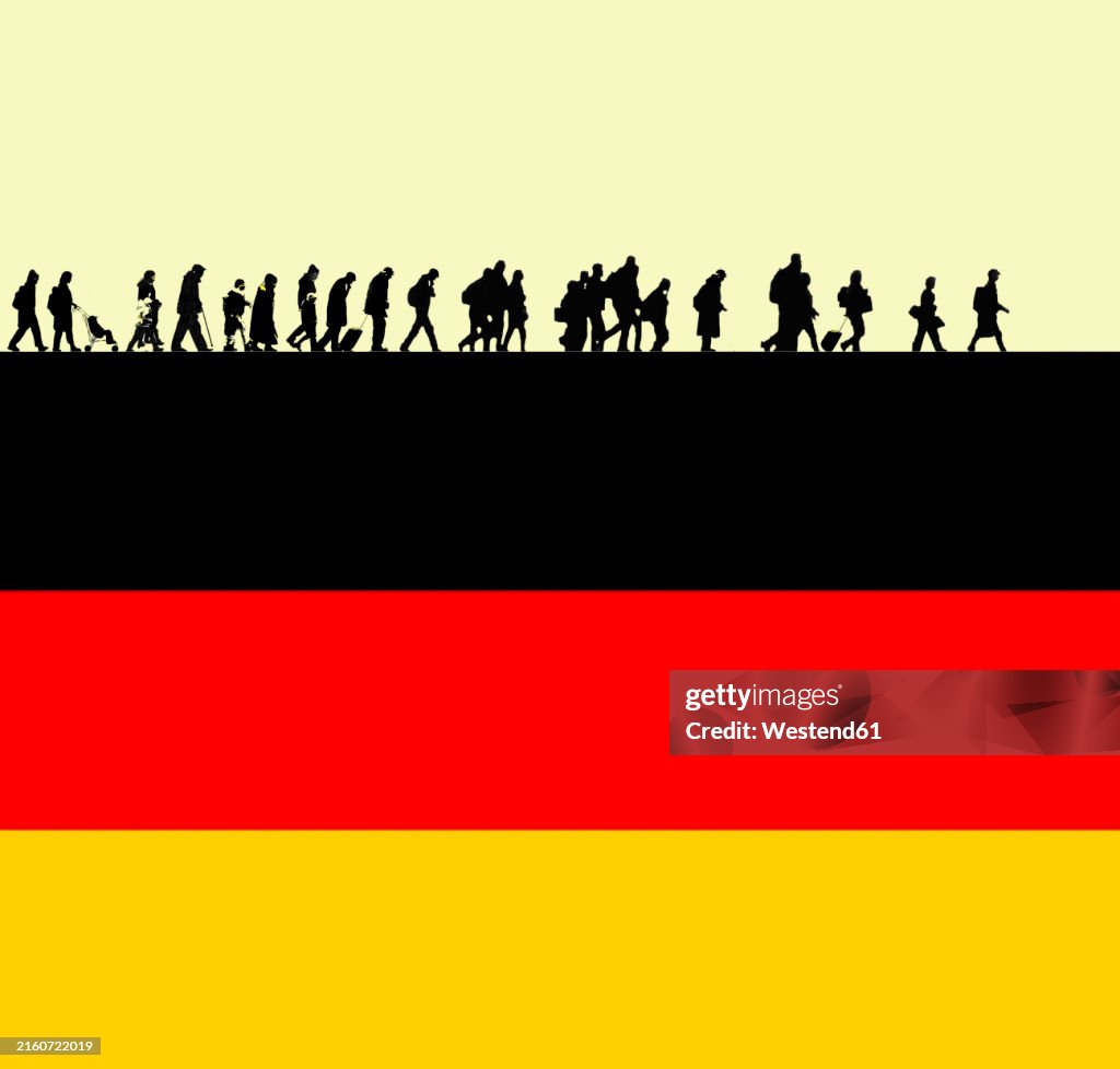 Illustration of immigrants walking on top of German flag