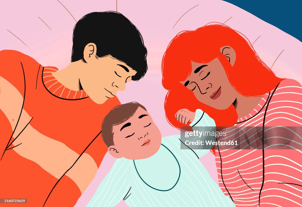 Baby sleeping with parents on bed