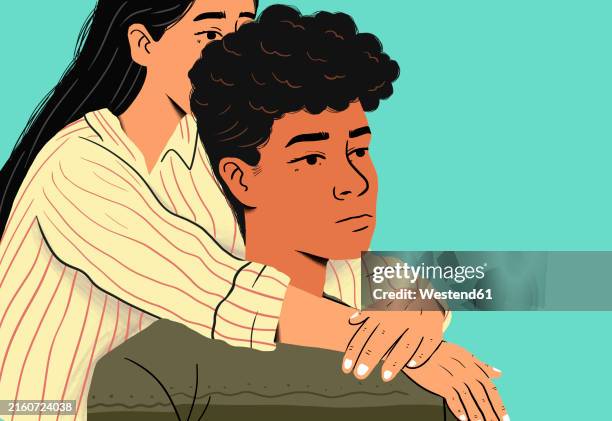 mother embracing son against green background - männlicher teenager stock-grafiken, -clipart, -cartoons und -symbole