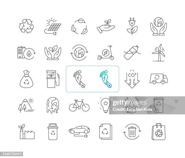 illustrations, cliparts, dessins animés et icônes de jeu d’icônes de ligne personnalisable net zero - action climatique