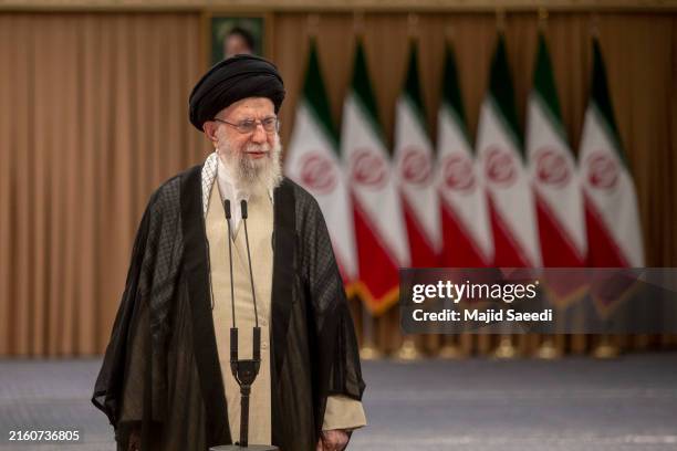 Iranian Supreme Leader Ayatollah Ali Khamenei speaks after casting his vote for the presidential runoff election on July 5, 2024 in Tehran, Iran. The...