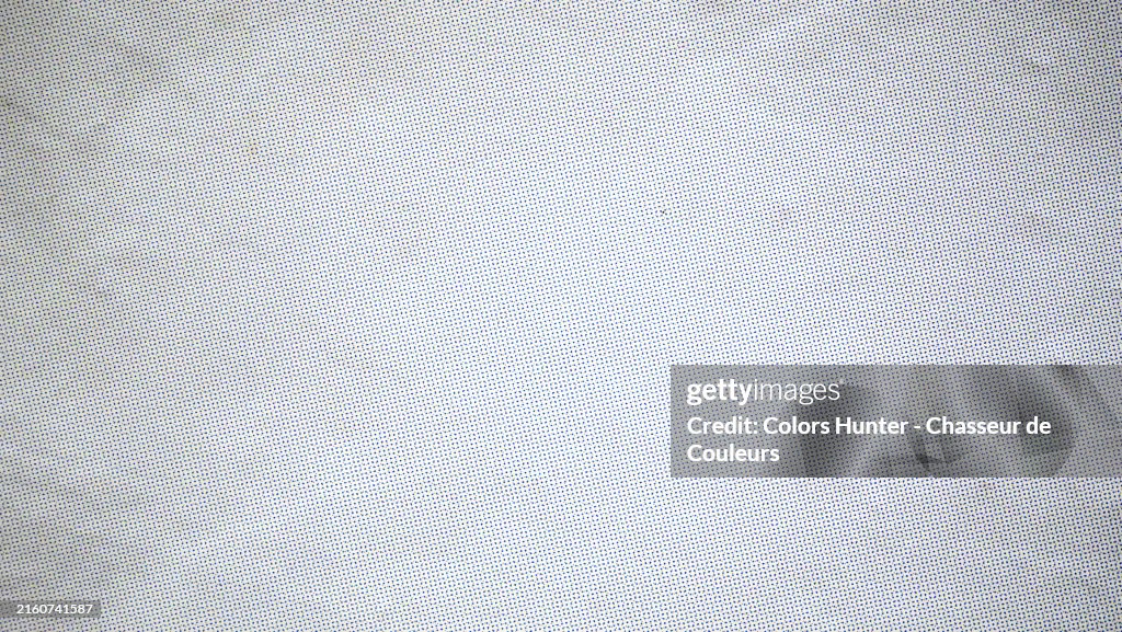 Blue and black dots on a white background. Close-up of a poster printed in offset and pasted on a wall in Paris, France. Natural light and colors.