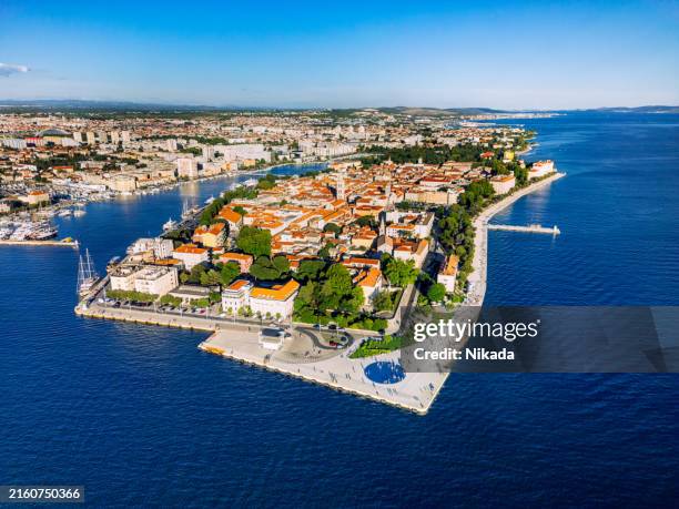 aerial view of zadar old town with waterfront promenade - zadar stock pictures, royalty-free photos & images