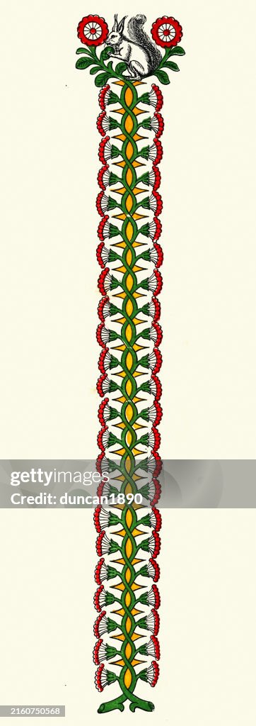 Verziertes Blumenmuster im mittelalterlichen Stil, Rose und Eichhörnchen, Hintergrund des Designelements