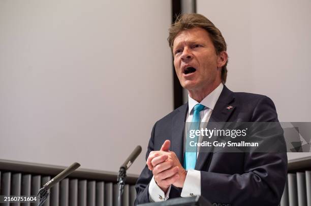 Chairman of Reform UK, MP for Boston and Skegness, Richard Tice speaks to the media during a Reform UK press conference, presenting their programme...