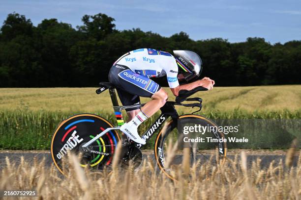 Remco Evenepoel of Belgium and Team Soudal Quick-Step - White Best Young Rider Jersey sprints during the 111th Tour de France 2024, Stage 7 a 25.3km...