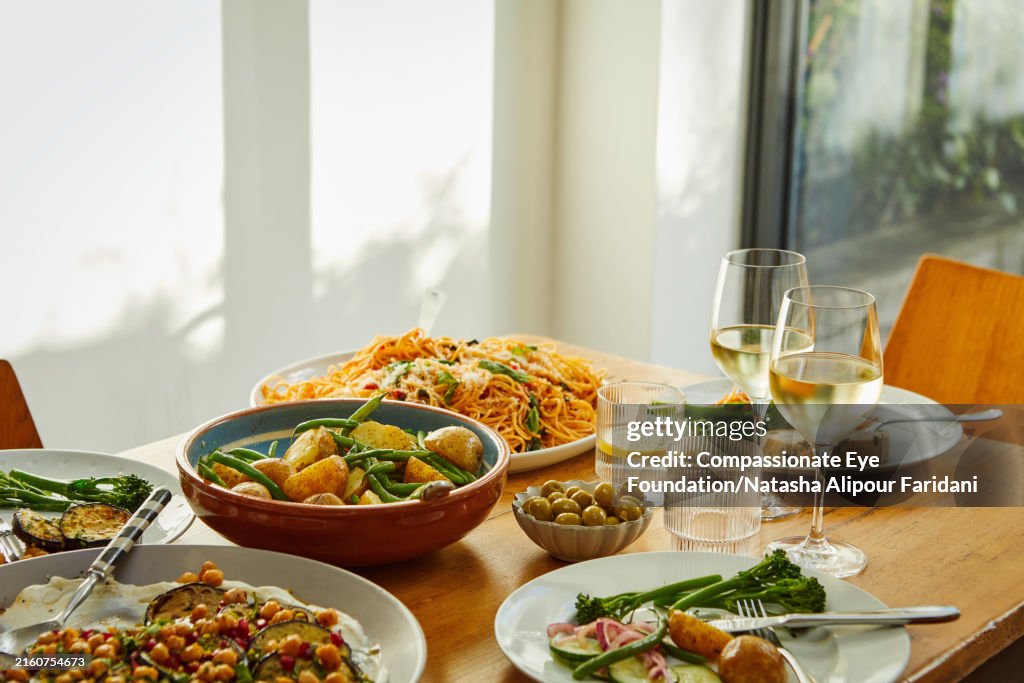 Vegetarian home cooked meal on dining table
