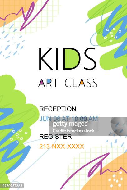 ilustraciones, imágenes clip art, dibujos animados e iconos de stock de plantilla de volante de clase de arte para niños. ilustración vectorial - escuela preescolar