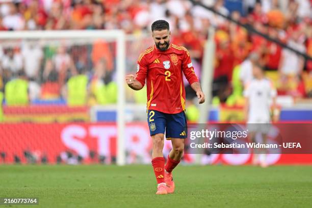 Daniel Carvajal of Spain celebrates after Mikel Merino of Spain scores his team's second goal during the UEFA EURO 2024 quarter-final match between...