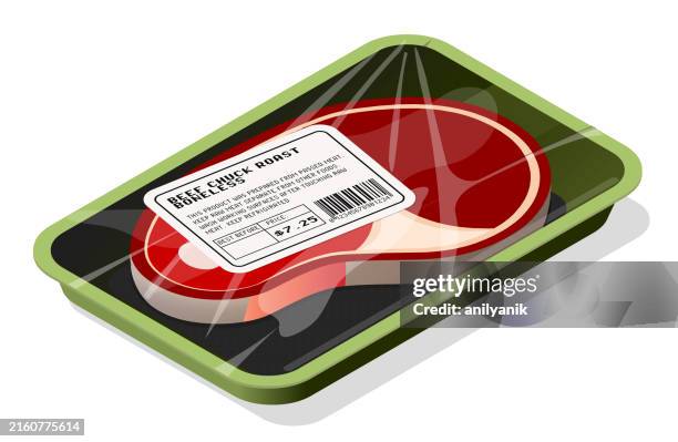ilustraciones, imágenes clip art, dibujos animados e iconos de stock de empaquetado de carne - carne de vaca
