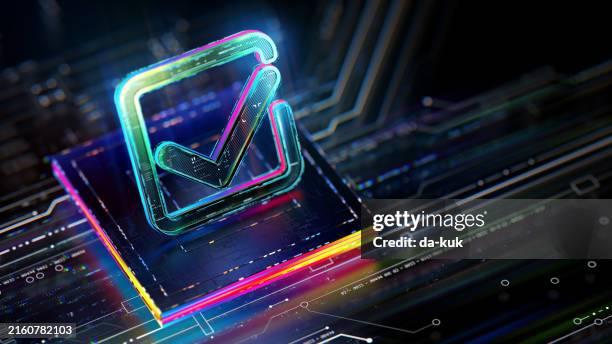 digital check mark icon hologram on futuristic background. productivity and rating evolution. futuristic checkmark icon in world of technological progress and innovation. cgi 3d render - calidad fotografías e imágenes de stock