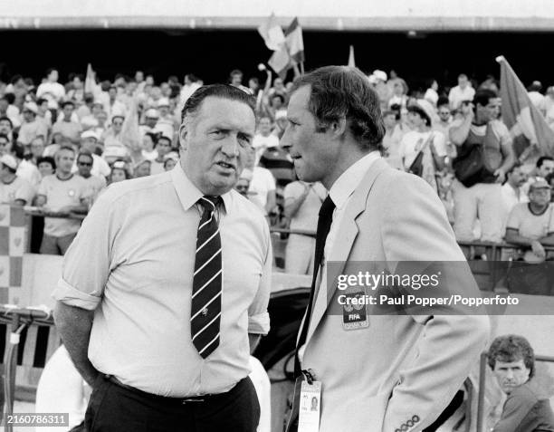 Scotland manager Jock Stein in conversation with Arsenal manager Terry Neill before the FIFA World Cup Group 6 match between Scotland and New Zealand...