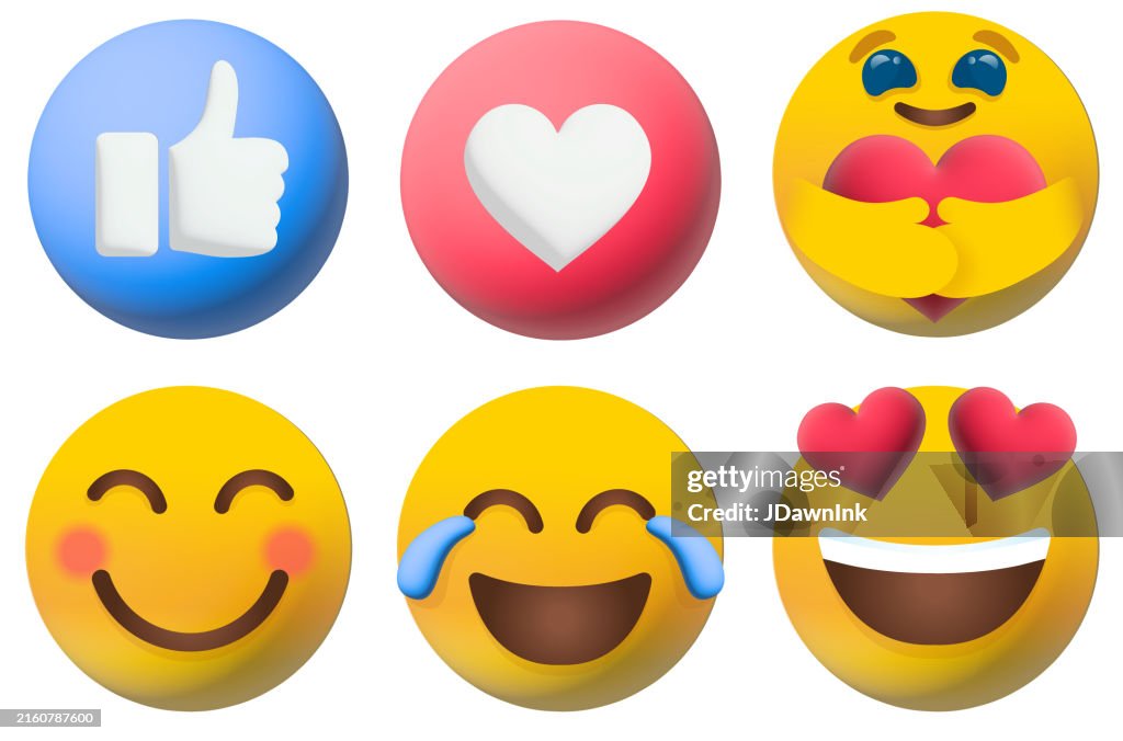 Conjunto de caras Emoji positivas para redes sociales en 3D pulgares hacia arriba, corazón, cuidado, sonrisa, llorando riendo, cara sonriente con iconos de ojos en forma de corazón