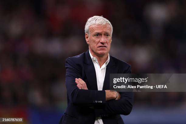 Didier Deschamps, Head Coach of France, looks on during the UEFA EURO 2024 quarter-final match between Portugal and France at Volksparkstadion on...