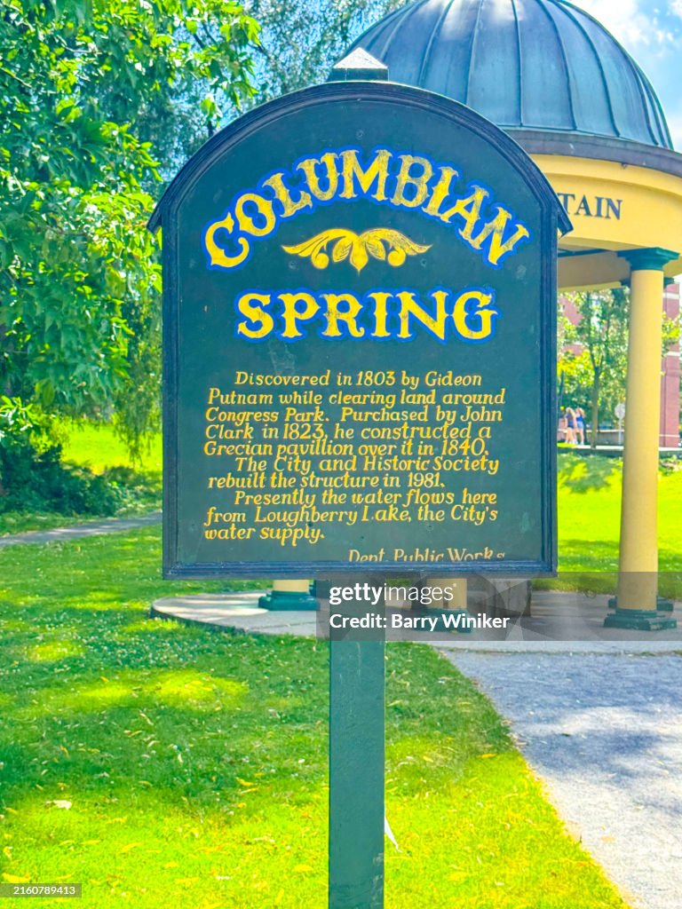 Old-style landmark sign in Congress Park, Saratoga Springs