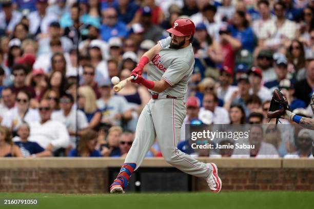 David Dahl of the Philadelphia Phillies bats against the Chicago Cubs at Wrigley Field on July 04, 2024 in Chicago, Illinois.
