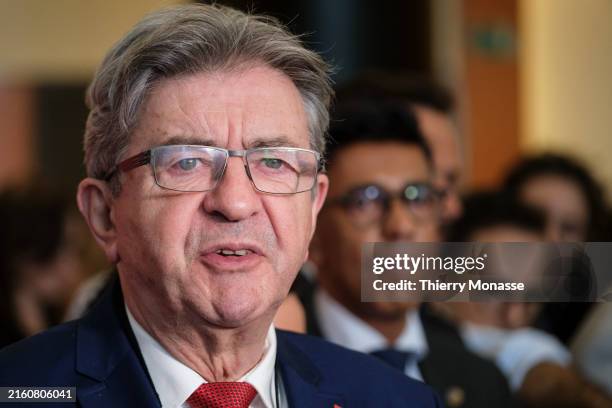 Leader of 'La France Insoumise' Jean-Luc Melenchon is talking to media at the end of a The Left group in the European Parliament - GUE/NGL group...