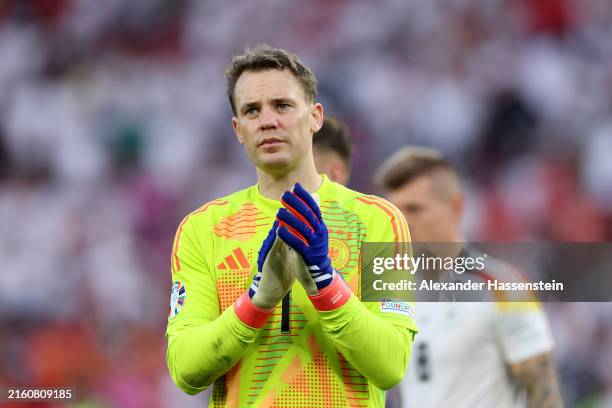 Manuel Neuer of Germany reacts after the UEFA EURO 2024 quarter-final match between Spain and Germany at Stuttgart Arena on July 05, 2024 in...