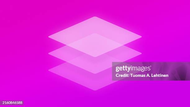three transparent and layered light rhombus shapes (tilted squares) on a bright and vibrant pink to purple color gradient background. - layered stock pictures, royalty-free photos & images