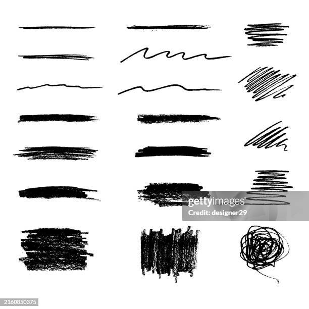 ilustraciones, imágenes clip art, dibujos animados e iconos de stock de conjunto vectorial de trazos de carboncillo dibujados a mano. conjunto vectorial de líneas grunge garabatos a lápiz. - patrón de garabatos