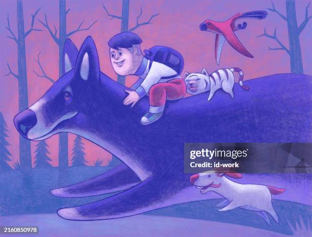 schoolboy riding on big wolf running with pets - person running with dog drawing stock illustrations