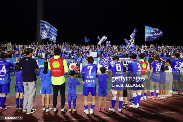 Azul Claro Numazu players applaud fans after the J.LEAGUE MEIJI YASUDA J3 20th Sec. Match between Azul Claro Numazu and Omiya Ardija at Ashitaka Park...