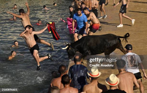 View from the traditional running of bulls 'Bous a la mar' at Denia's harbour, Spain on July 10, 2024.