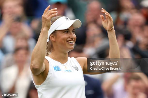 Yulia Putintseva of Kazakhstan celebrates winning match point against Iga Swiatek of Poland in her Ladies' Singles third round match during day six...