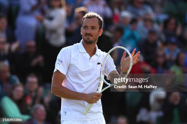 Daniil Medvedev celebrates winning match point against Jan-Lennard Struff of Germany in his Gentlemen's Singles third round match during day six of...