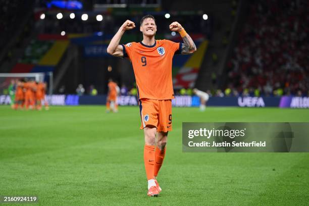 Wout Weghorst of the Netherlands celebrates victory after the UEFA EURO 2024 quarter-final match between Netherlands and Türkiye at Olympiastadion on...