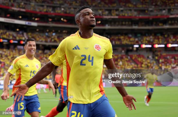 Jhon Cordoba of Colombia celebrates after scoring the team's first goal during the CONMEBOL Copa America 2024 quarter-final match between Colombia...