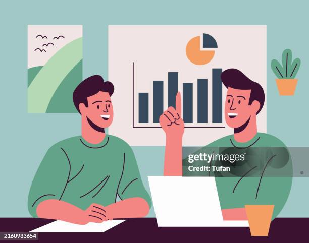 two colleagues conducting market research: analyzing bar and pie charts in a collaborative meeting - assembly instructions stock illustrations
