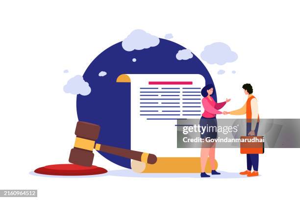 law and justice scenes. character signing legal contract, lawyer consulting client, judge knocking with wooden hammer. legal advice concept. flat cartoon vector illustration and icons set. - legal occupation stock illustrations