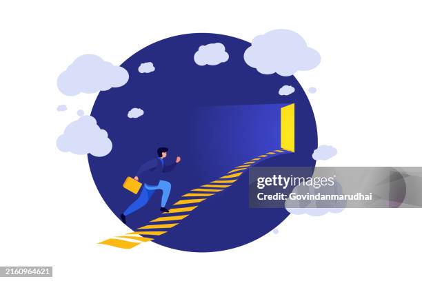 businessman is running to the exit, successfully way to avoid problem. leaving situation and find a new ways. business concept flat style. vector illustration. - evacuation stock illustrations