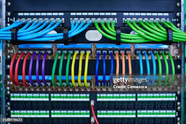 multi-color fiber optics cable at servers - modem eastern stock pictures, royalty-free photos & images