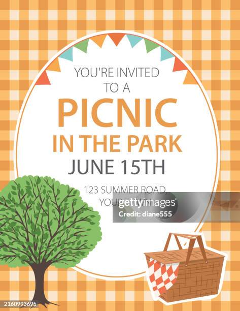 bbq party invitation on a checkered tablecloth - hamper stock illustrations