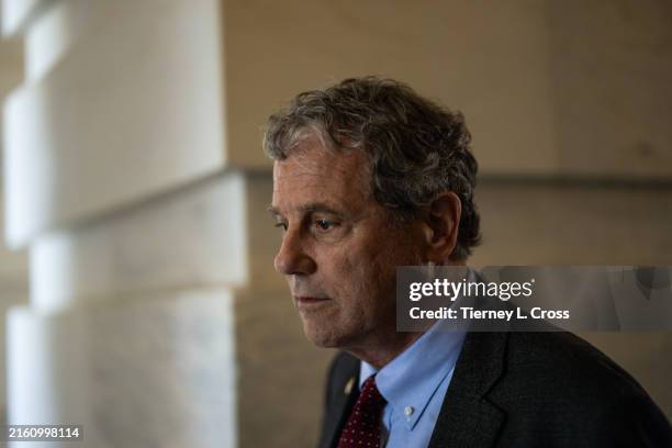 Sen. Sherrod Brown leaves the U.S. Capitol for a private meeting between Senate Democrats and U.S. President Joe Biden's senior advisors Mike...
