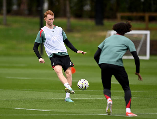 Sepp van den Berg of Liverpool during a training session at AXA Training Centre on July 07, 2024 in Kirkby, England.