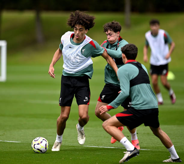Jayden Danns of Liverpool during a training session at AXA Training Centre on July 07, 2024 in Kirkby, England.