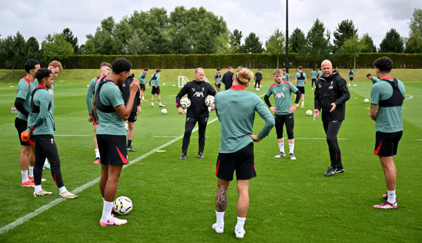 Arne Slot head coach of Liverpool during a training session at AXA Training Centre on July 07, 2024 in Kirkby, England.